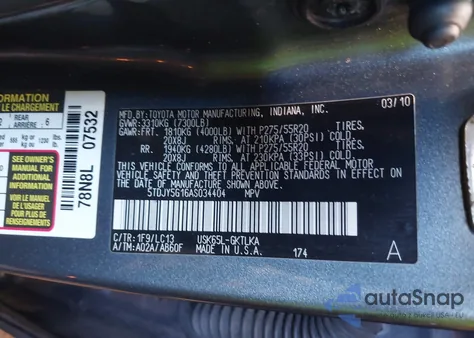 2010 Toyota Sequoia Limited 5.7L V8 z USA, uszkodzony, nr VIN 5TDJY5G16AS034404